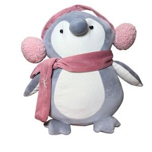 Adorable Gray‎ Penguin Weighted Plush Toy with Pink Scarf & Earmuffs